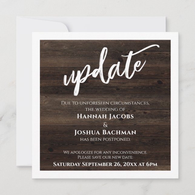 Postponed Wedding Rustic Wood Update Card (Front)