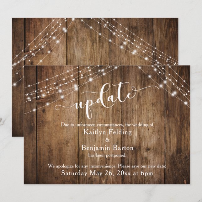 Postponed Wedding Update, Rustic Wood & Lights Invitation (Front/Back)