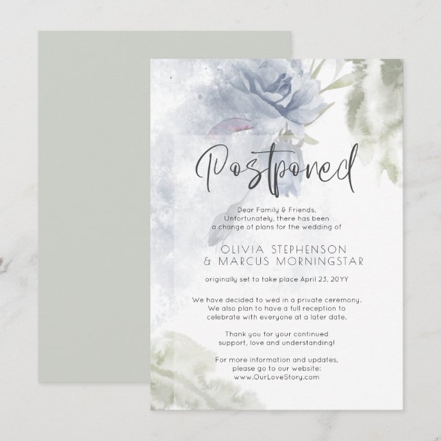Postponed Wedding Watercolor Dusty Blue Floral Invitation (Front/Back)