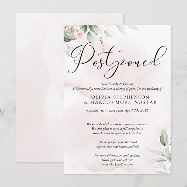 Postponed Wedding Watercolor Pale Blush Pink Invitation (Front/Back)