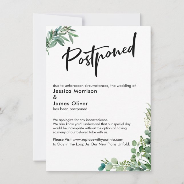 Postponed Wedding with Watercolor Eucalyptus Card (Front)