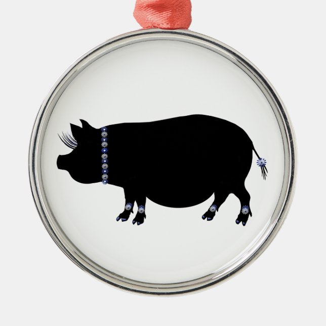 Pot Belly Pig Girl in Blue Metal Tree Decoration (Front)