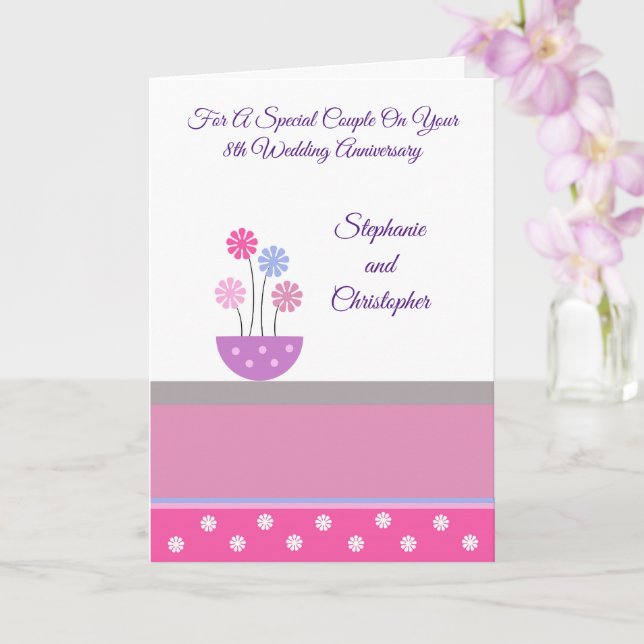 Pot Flowers Personalised 8th Wedding Anniversary Card (Orchid)