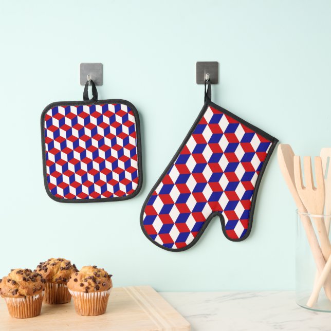 Pot Holder Set - Red, White, Blue Block Illusion (Insitu(Hanging))