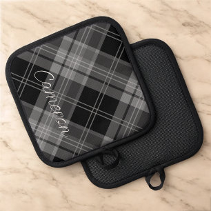 Pot Holder with Name Black Plaid Grey Personalised