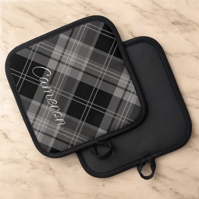 Pot Holder with Name Black Plaid Grey Personalised (MISOOK Black Grey Plaid Pot Holder with Name)