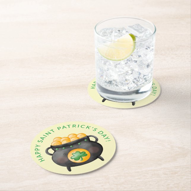 Pot of Gold Happy Saint Patrick's Day Round Paper Coaster (Insitu)