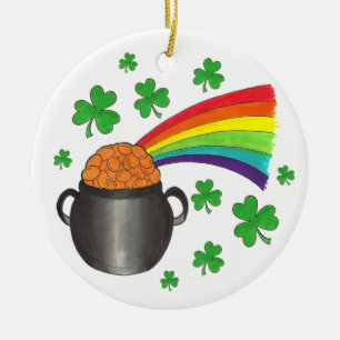 Pot of Gold Rainbow Lucky Shamrock Clover Ceramic Tree Decoration