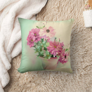 Pot of Pink Watercolor Flowers  Cushion