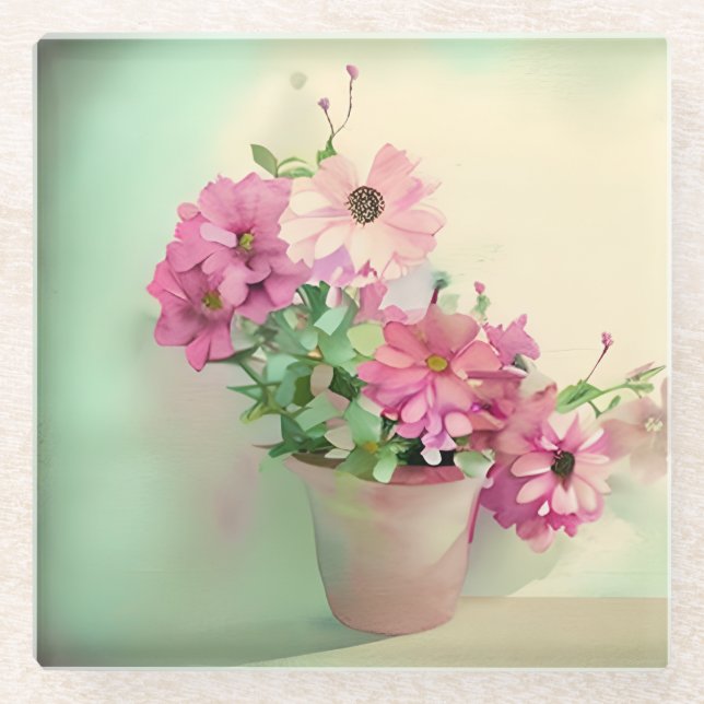 Pot of Pink Watercolor Flowers  Glass Coaster (Front)