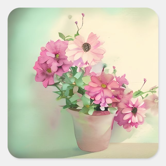 Pot of Pink Watercolor Flowers  Square Sticker (Front)