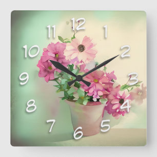 Pot of Pink Watercolor Flowers Square Wall Clock