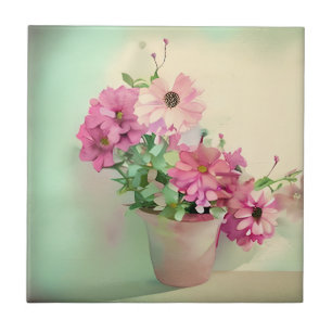 Pot of Pink Watercolor Flowers Tile