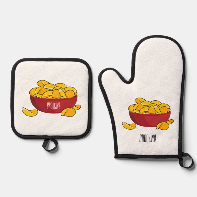 Potato chip cartoon illustration  oven mitt & pot holder set (Front)
