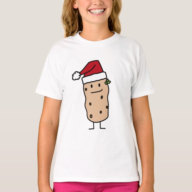 Potato Potatoes wearing Christmas Santa Hat Happy T-Shirt (Front)
