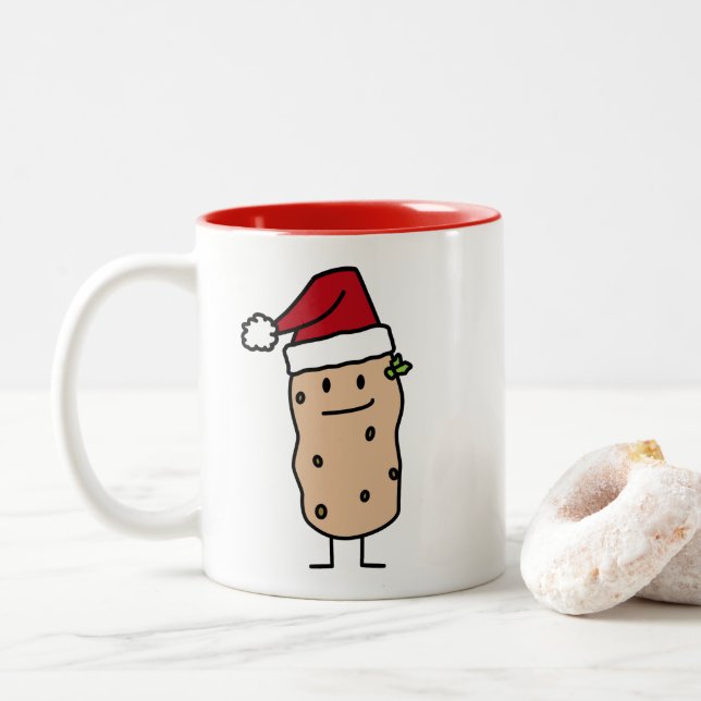 Potato Potatoes wearing Christmas Santa Hat Happy Two-Tone Coffee Mug (With Donut)