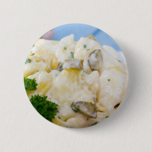 Potato salad with sausage and mustard 6 cm round badge