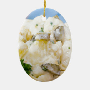 Potato salad with sausage and mustard ceramic tree decoration