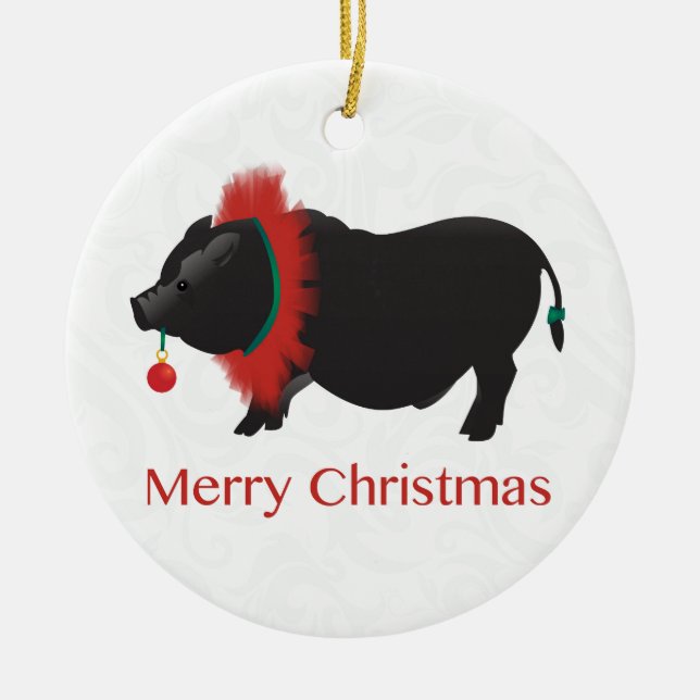 Potbellied Pig Merry Christmas Design Ceramic Tree Decoration (Front)