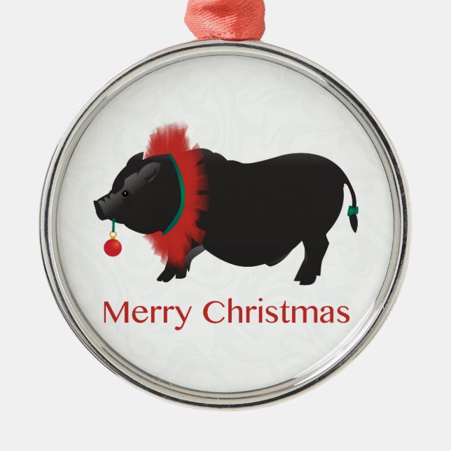 Potbellied Pig Merry Christmas Design Metal Tree Decoration (Front)