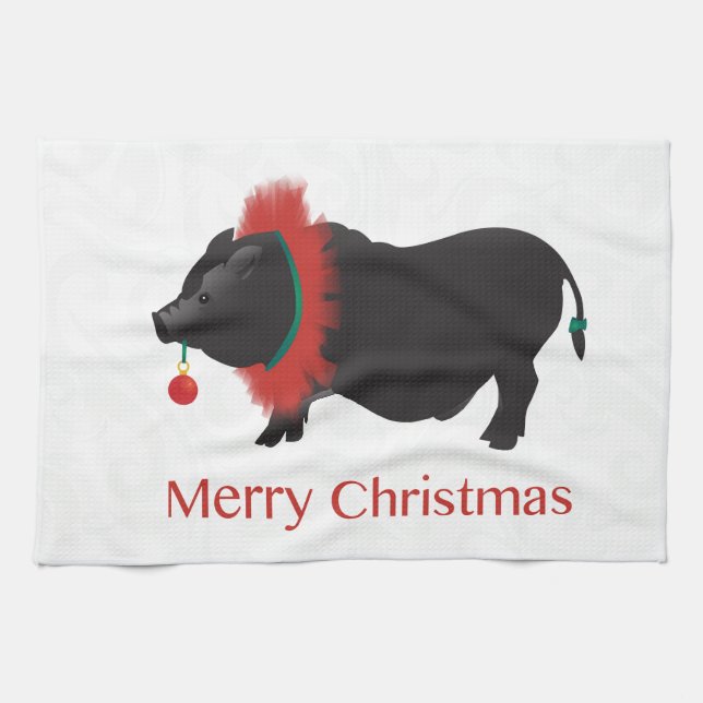 Potbellied Pig Merry Christmas Design Tea Towel (Horizontal)
