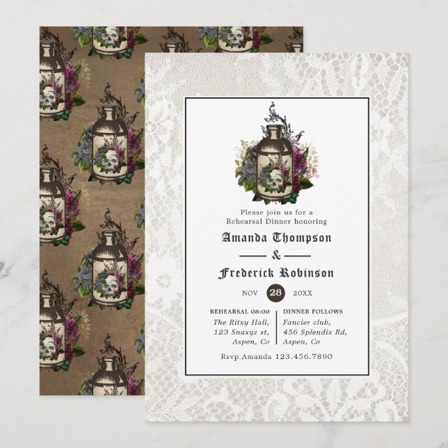 Potion Bottle and Lace Gothic Rehearsal Dinner Invitation (Front/Back)