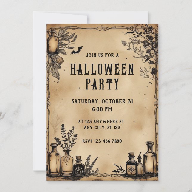 Potion Bottles Parchment Paper Texture Halloween Invitation (Front)