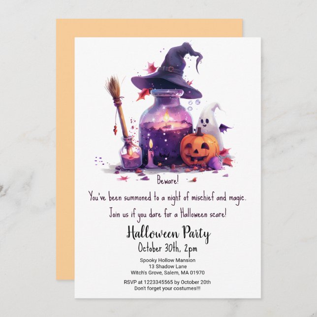 Potions Pumpkin Ghost Witch Hat Halloween Party  Invitation (Front/Back)