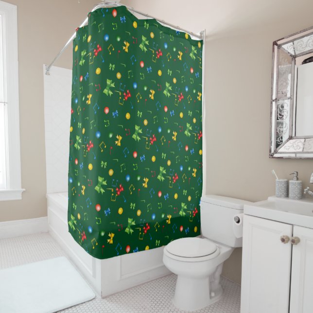 Potpourri of Christmas Elements on GREEN Shower Curtain (In Situ)