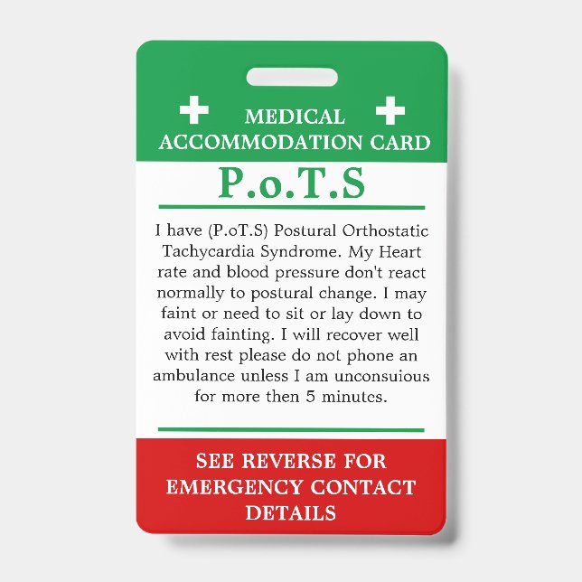 PoTS In Case of Emergency ICE invisible illness Ba ID Badge (Front)