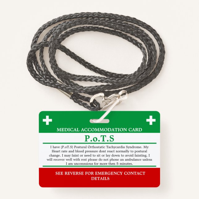 PoTS In Case of Emergency ICE invisible illness ID Badge (Front with Lanyard)