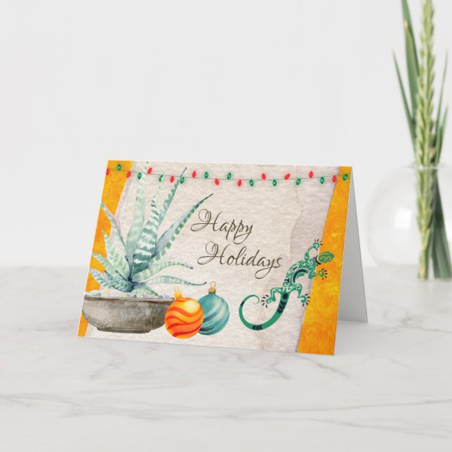 Potted Cactus, Gecko and Christmas Ornaments Holiday Card (Front)