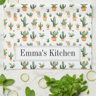 Potted Cactus on White Kitchen Towel