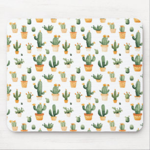 Potted Cactus on White Mouse Mat