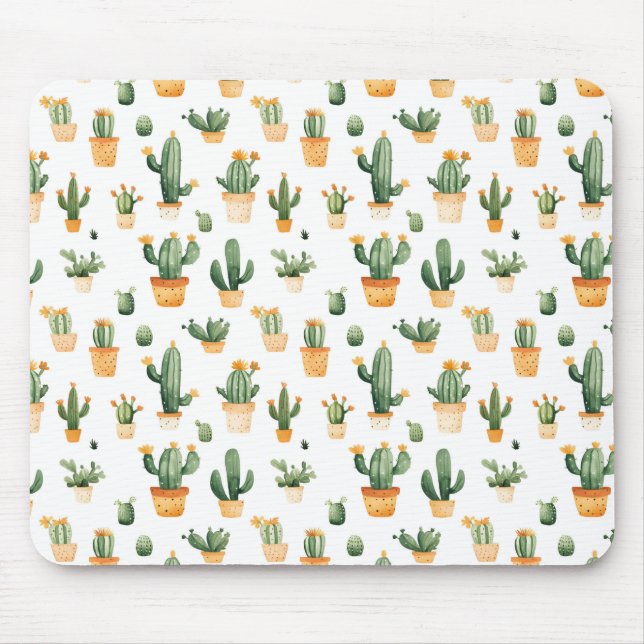 Potted Cactus on White Mouse Mat (Front)