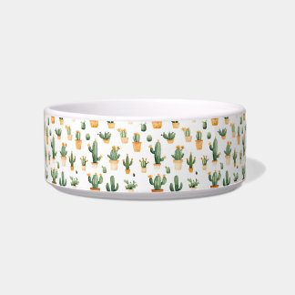 Potted Cactus on White Pet Bowl