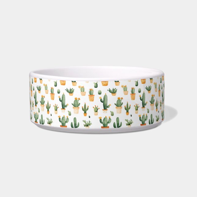 Potted Cactus on White Pet Bowl (Front)