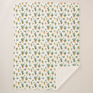 Potted Cactus on White Sherpa Blanket