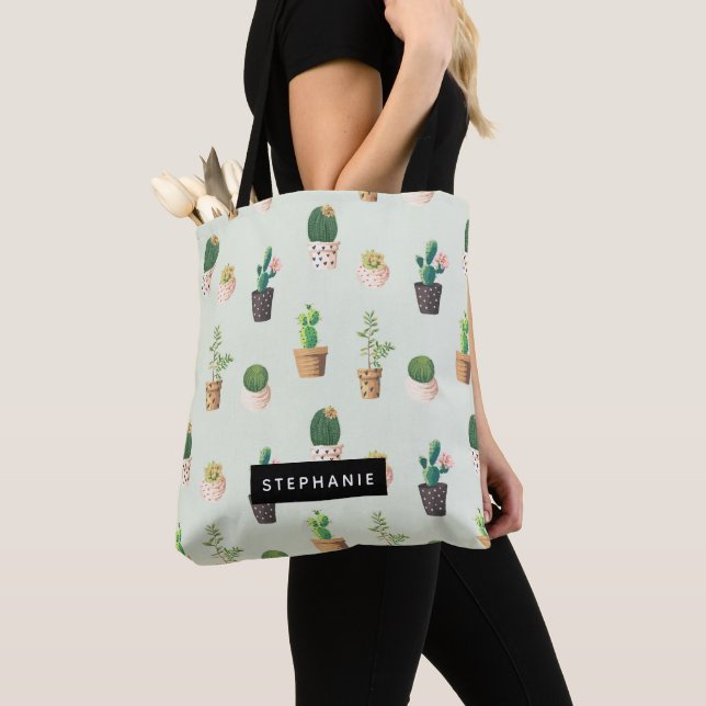 Potted Cactus Succulent Pattern Personalised Tote Bag (Close Up)