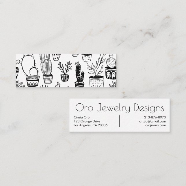 Potted Cactus & Succulents Boho Line Art Pattern Mini Business Card (Front/Back)