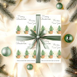 Potted Fir Tree and Gift Personalised Christmas Wrapping Paper<br><div class="desc">Personalised Christmas wrapping paper with potted fir trees and parcel,  gift wrapped in rustic kraft paper with sprig of pine. Handwritten style typography reads Merry Christmas Happy New Year and you can customise with your sign off and name(s). Matching gift tags,  address labels,  stickers etc available in my store.</div>