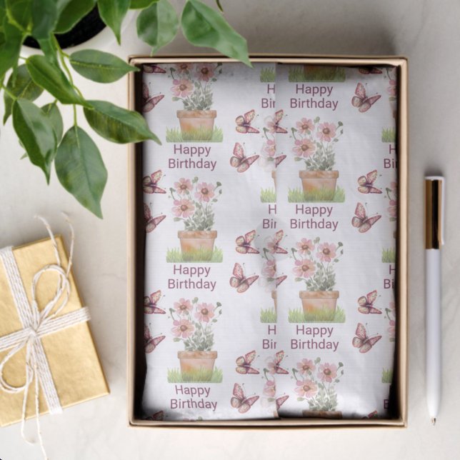 Potted Flowers and Butterflies Watercolor Birthday Tissue Paper (tissue paper template in gift box)