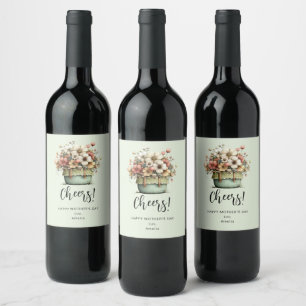 Potted Flowers Cosy Shabby Style Cute Mother's Day Wine Label