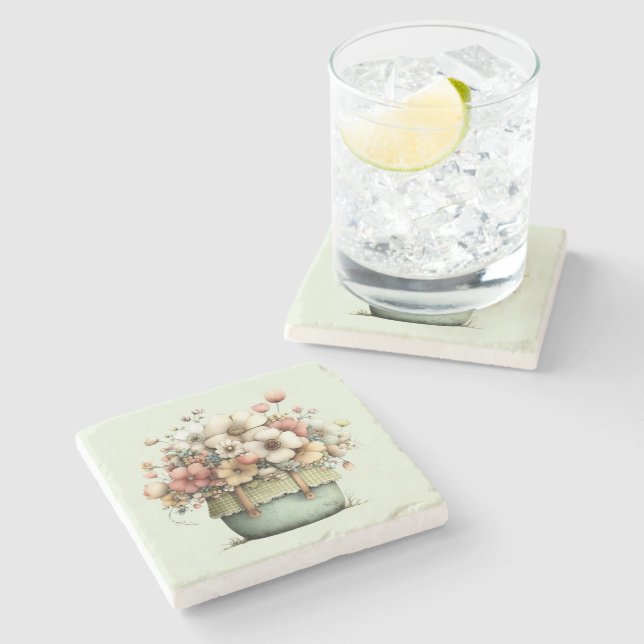 Potted Flowers Cosy Shabby Style Cute Stone Coaster (Side)