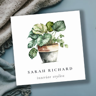 Potted Green House Plants Watercolor Botanical  Square Business Card