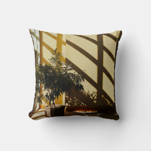 Potted green plant on brown wooden table cushion