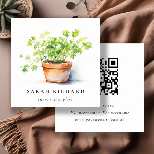 Potted Herb Parsley Coriander Botanical QR Code Square Business Card