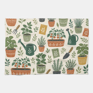 Potted Herbs and Kitchen Garden Botanical Pattern Tea Towel