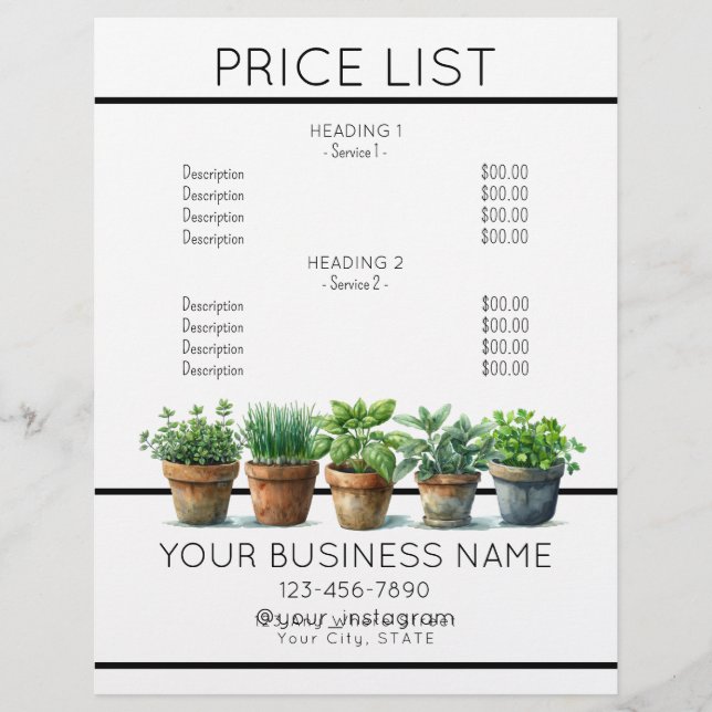 Potted herbs watercolor service price list  flyer (Front)