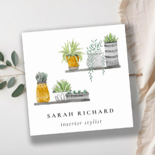 Potted House Plants Watercolor Botanical  Square Business Card